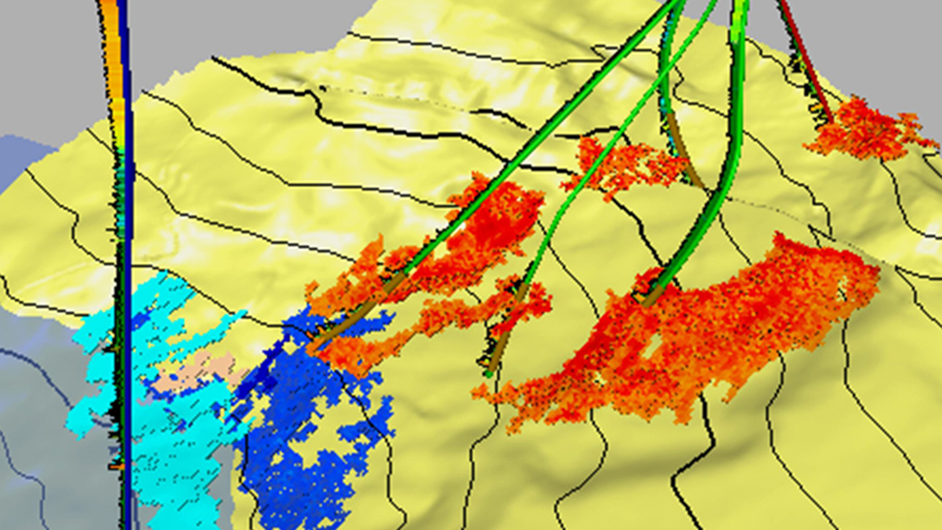 Image Photo— In 4D seismic maps such as this one from a West Africa oil field, each region in the map represents an area of change in the reservoir over a period of time. Here, blue represents water movement and red indicates an increase in gas. Knowing how the fluid content of a reservoir changes during production is crucial to efficiently extracting its resources. In this case, water is injected into the reservoirs to help maintain pressure, resulting in greater oil recovery and reducing the need for additional drilling.